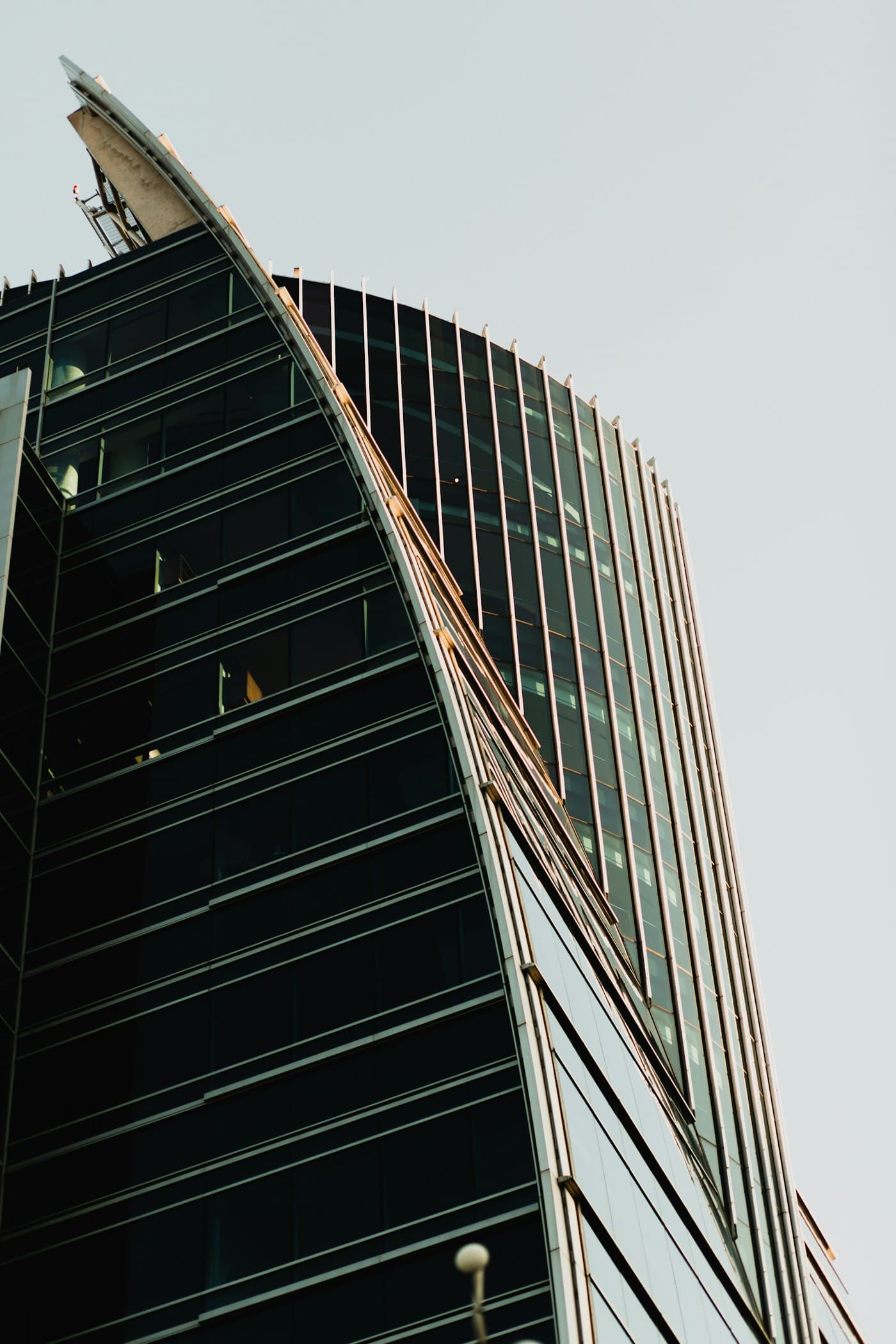 A curved glass tower edged in late-afternoon gold
